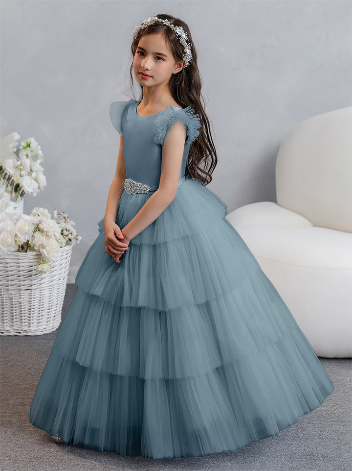 Tulle Ball Gown/Princess Flower Girl Dresses With Tiered Pleats &amp; Rhinestones