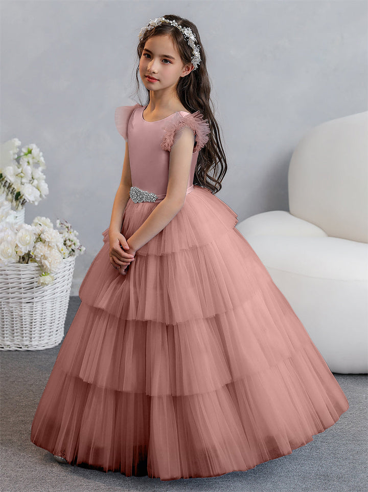 Tulle Ball Gown/Princess Flower Girl Dresses With Tiered Pleats &amp; Rhinestones