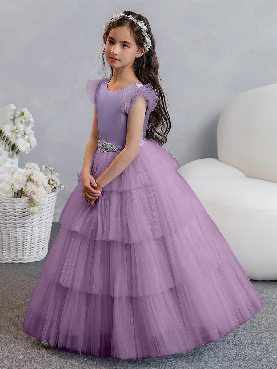 Tulle Ball Gown/Princess Flower Girl Dresses With Tiered Pleats &amp; Rhinestones
