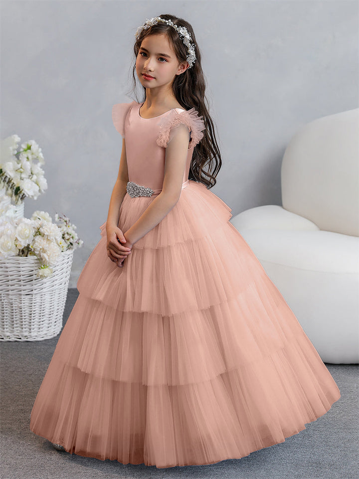 Tulle Ball Gown/Princess Flower Girl Dresses With Tiered Pleats &amp; Rhinestones