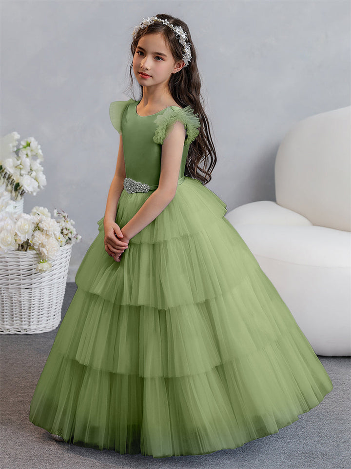 Tulle Ball Gown/Princess Flower Girl Dresses With Tiered Pleats &amp; Rhinestones