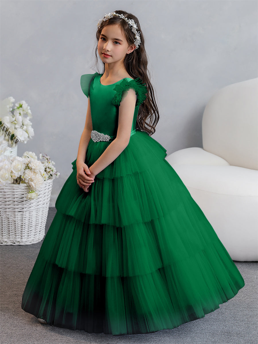 Tulle Ball Gown/Princess Flower Girl Dresses With Tiered Pleats &amp; Rhinestones