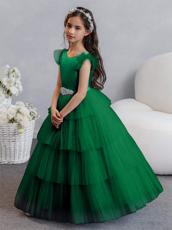 Tulle Ball Gown/Princess Flower Girl Dresses With Tiered Pleats &amp; Rhinestones