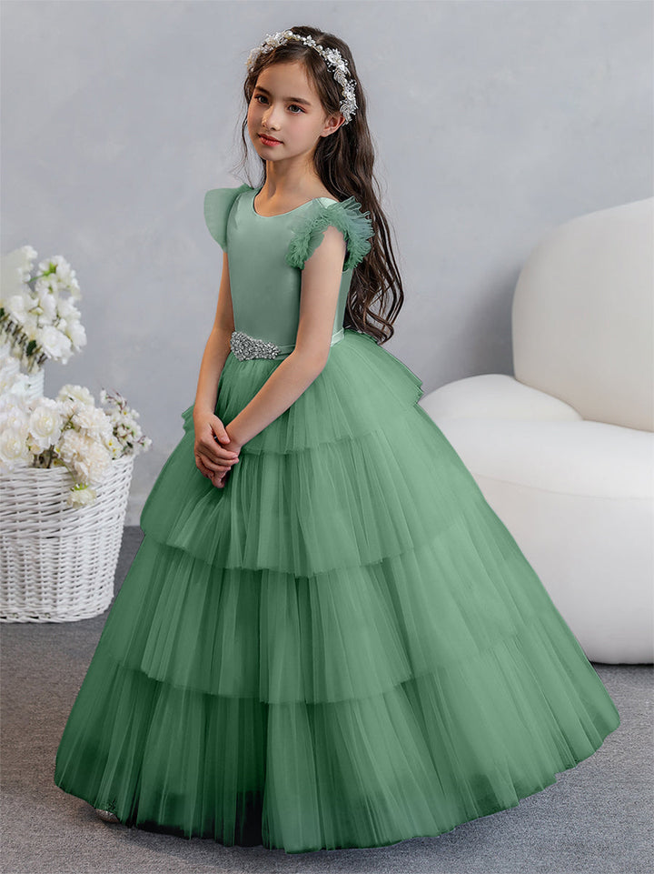 Tulle Ball Gown/Princess Flower Girl Dresses With Tiered Pleats &amp; Rhinestones