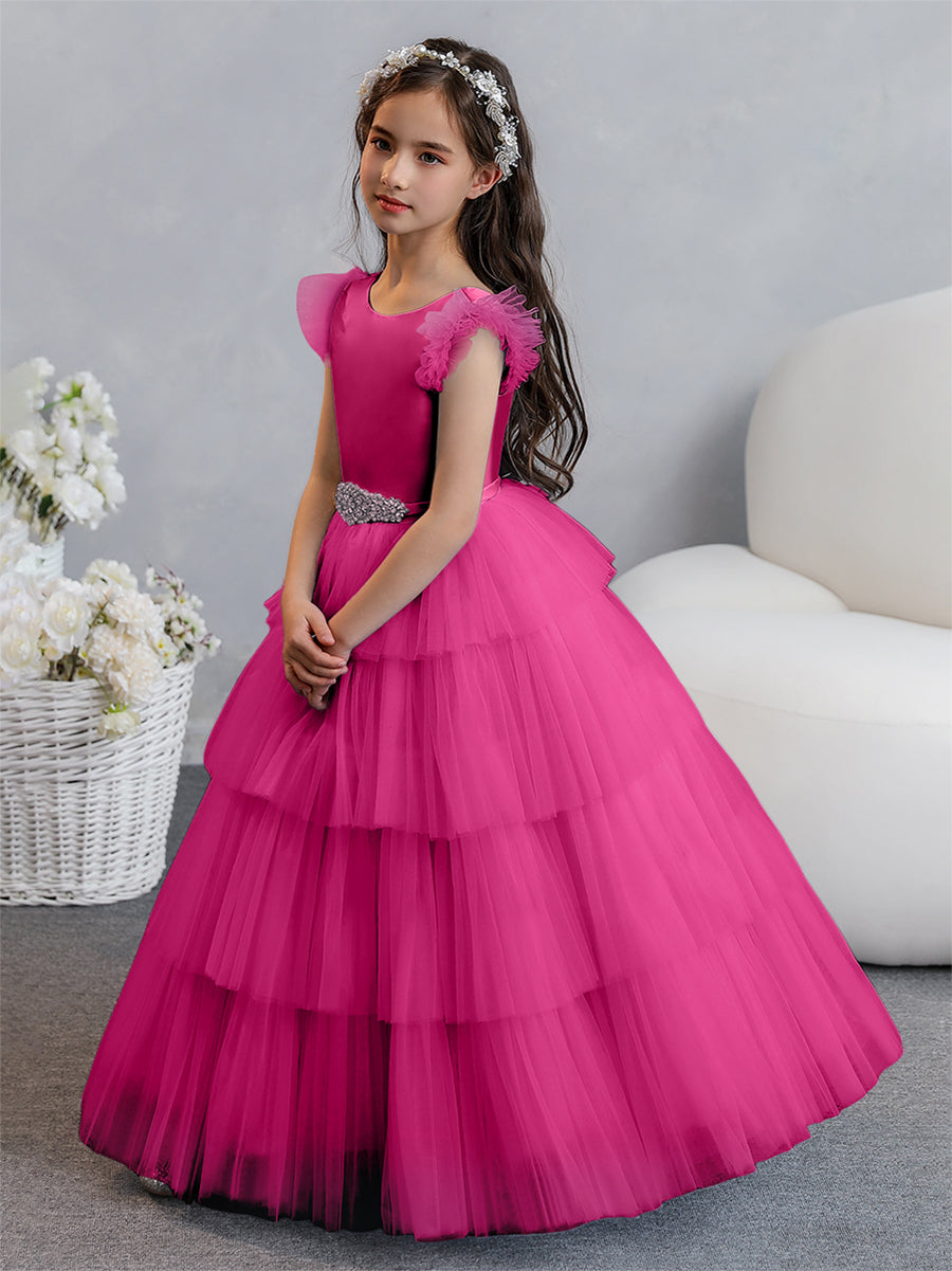 Tulle Ball Gown/Princess Flower Girl Dresses With Tiered Pleats &amp; Rhinestones