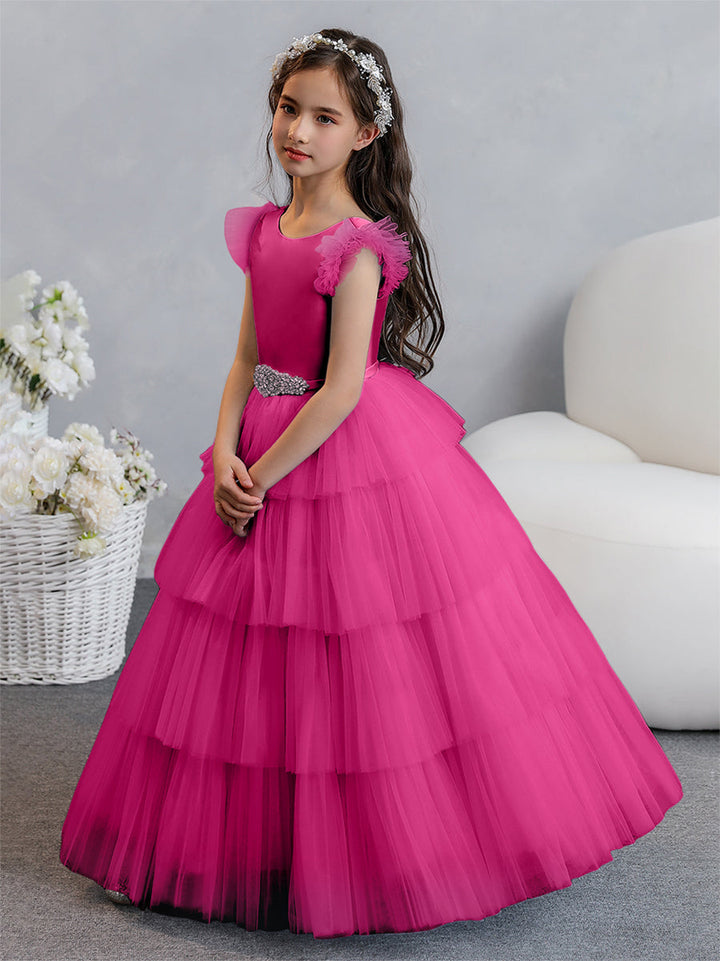 Tulle Ball Gown/Princess Flower Girl Dresses With Tiered Pleats &amp; Rhinestones