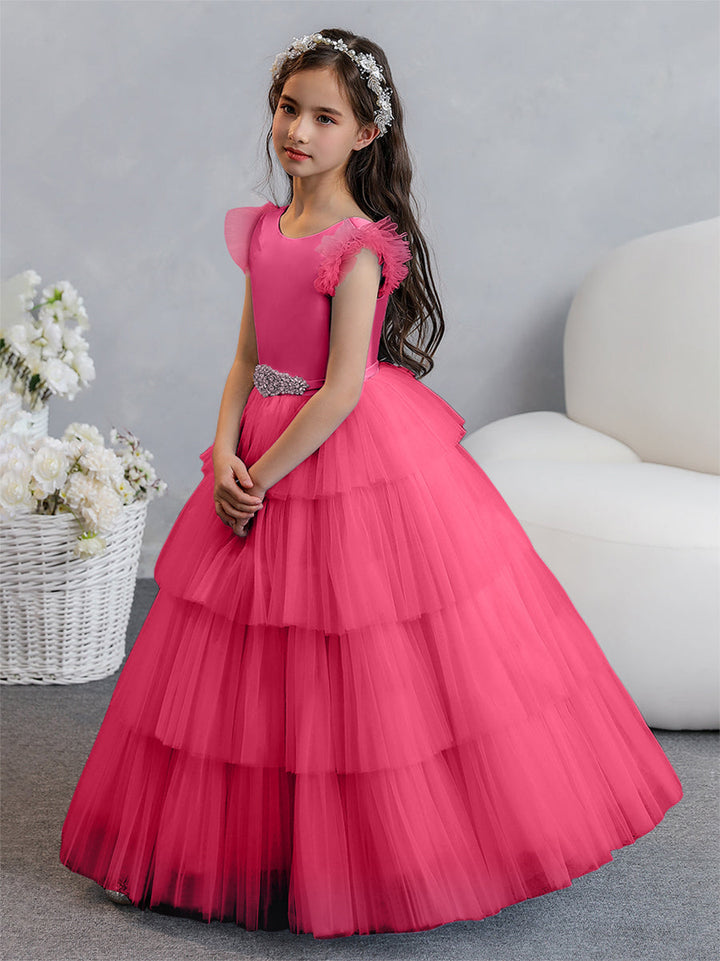 Tulle Ball Gown/Princess Flower Girl Dresses With Tiered Pleats &amp; Rhinestones