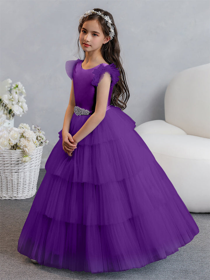 Tulle Ball Gown/Princess Flower Girl Dresses With Tiered Pleats &amp; Rhinestones