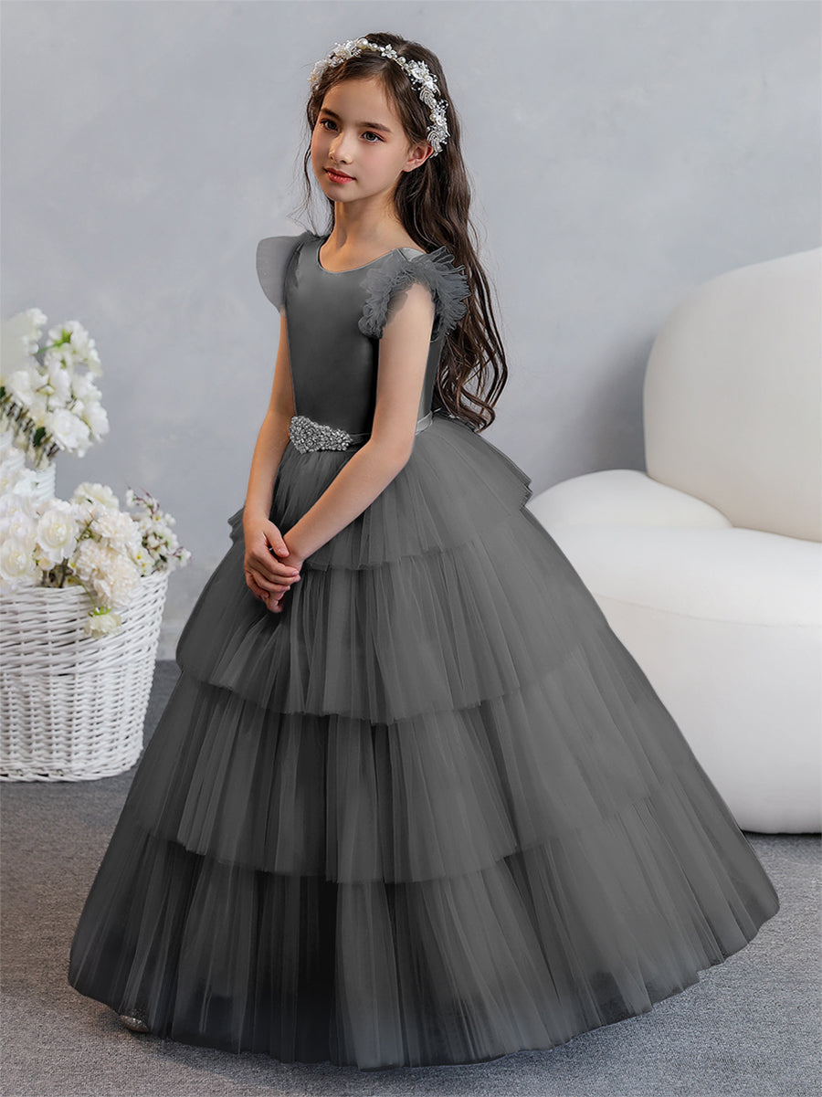 Tulle Ball Gown/Princess Flower Girl Dresses With Tiered Pleats &amp; Rhinestones