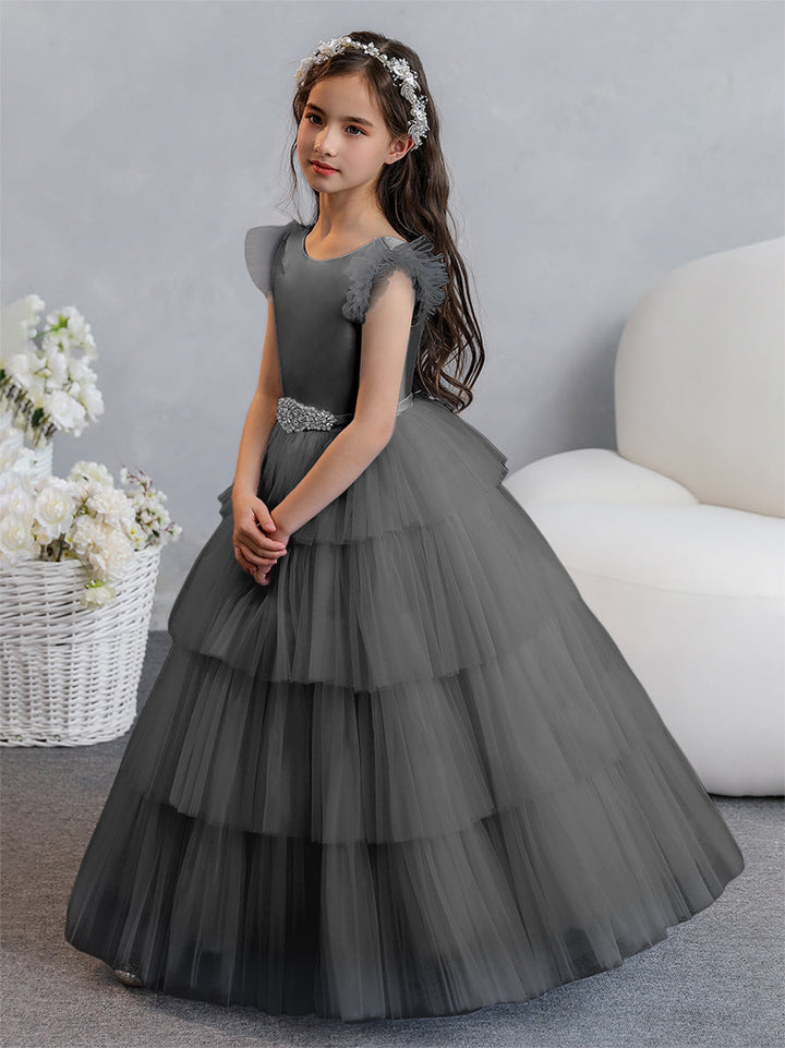 Tulle Ball Gown/Princess Flower Girl Dresses With Tiered Pleats &amp; Rhinestones