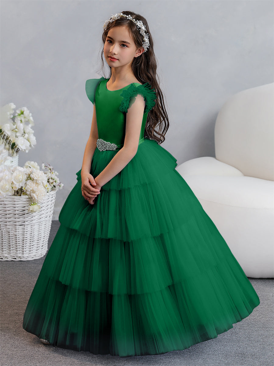 Tulle Ball Gown/Princess Flower Girl Dresses With Tiered Pleats &amp; Rhinestones