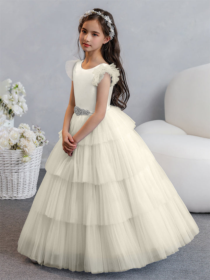 Tulle Ball Gown/Princess Flower Girl Dresses With Tiered Pleats &amp; Rhinestones