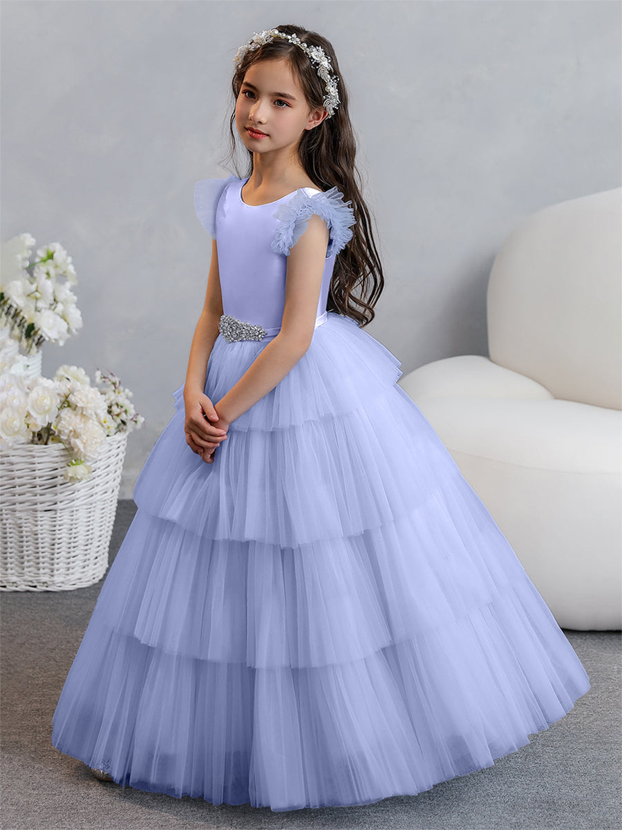 Tulle Ball Gown/Princess Flower Girl Dresses With Tiered Pleats &amp; Rhinestones