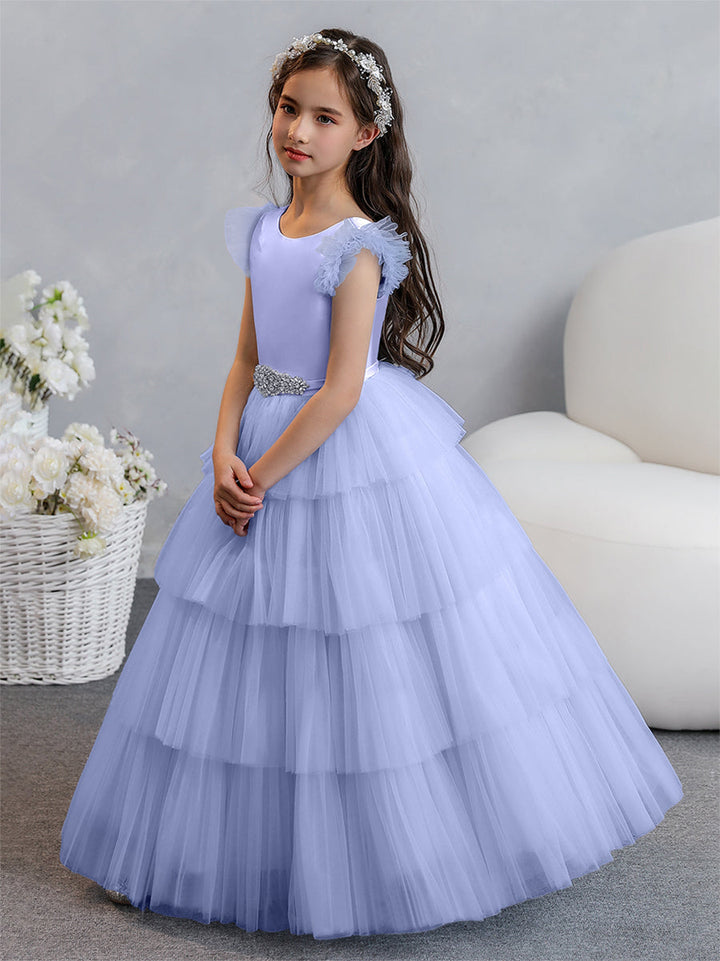 Tulle Ball Gown/Princess Flower Girl Dresses With Tiered Pleats &amp; Rhinestones