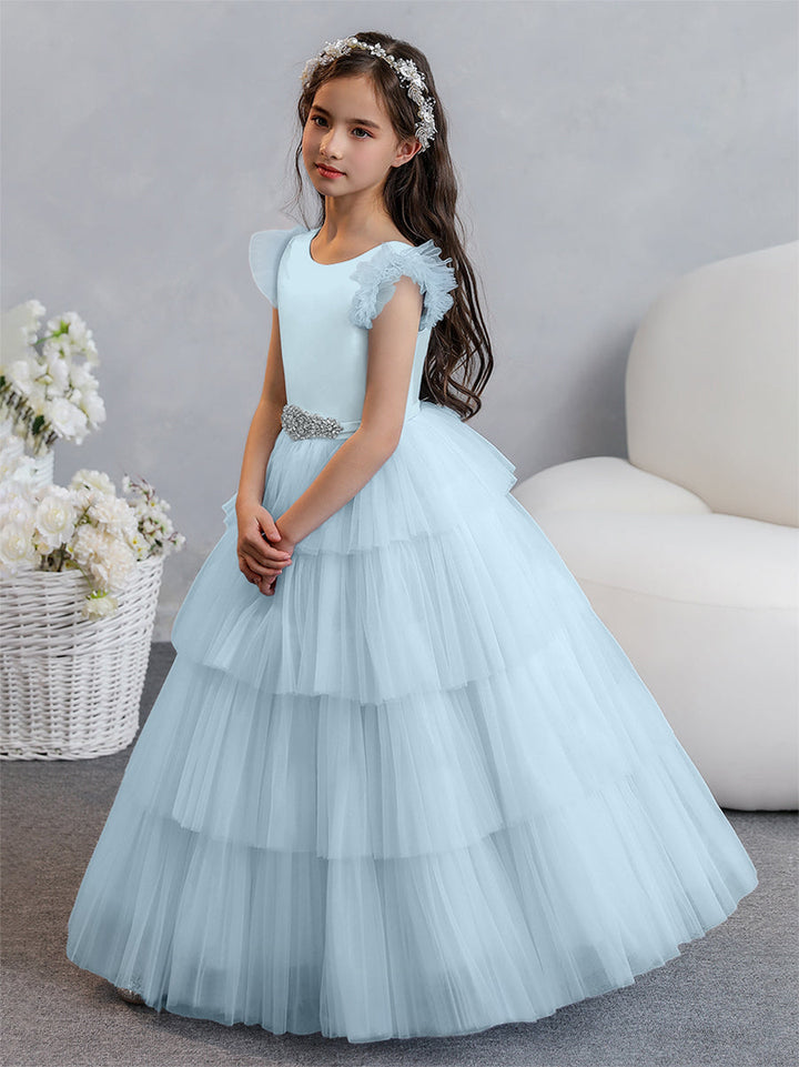 Tulle Ball Gown/Princess Flower Girl Dresses With Tiered Pleats &amp; Rhinestones