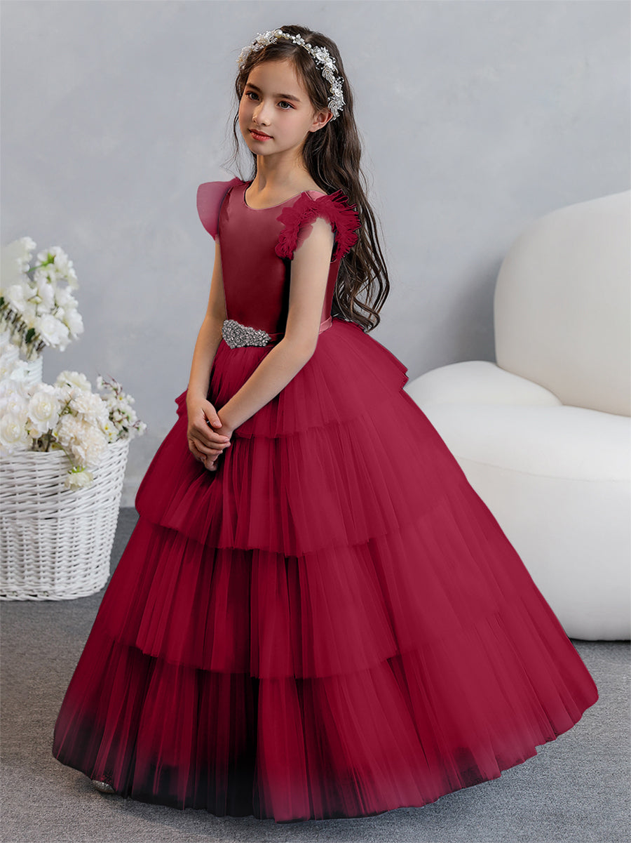 Tulle Ball Gown/Princess Flower Girl Dresses With Tiered Pleats &amp; Rhinestones