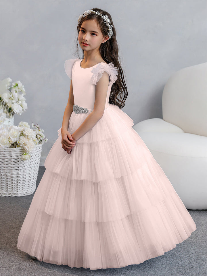 Tulle Ball Gown/Princess Flower Girl Dresses With Tiered Pleats &amp; Rhinestones