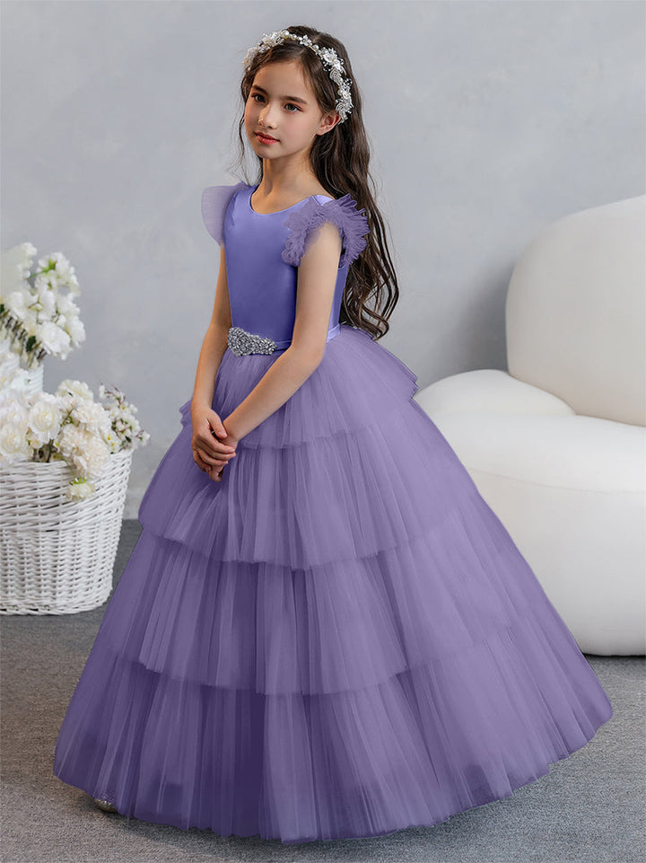 Tulle Ball Gown/Princess Flower Girl Dresses With Tiered Pleats &amp; Rhinestones