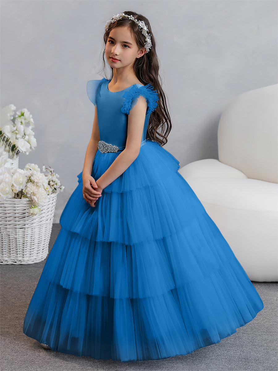 Tulle Ball Gown/Princess Flower Girl Dresses With Tiered Pleats &amp; Rhinestones