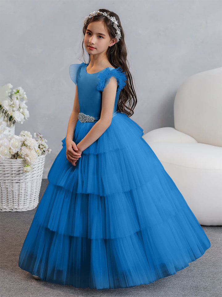 Tulle Ball Gown/Princess Flower Girl Dresses With Tiered Pleats &amp; Rhinestones