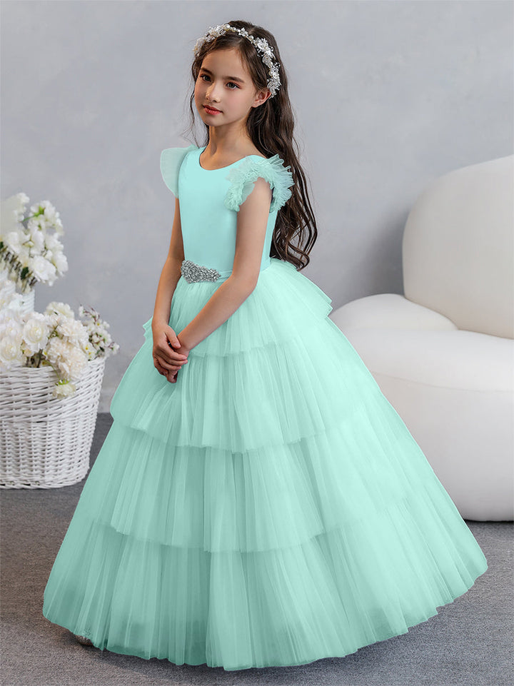 Tulle Ball Gown/Princess Flower Girl Dresses With Tiered Pleats &amp; Rhinestones