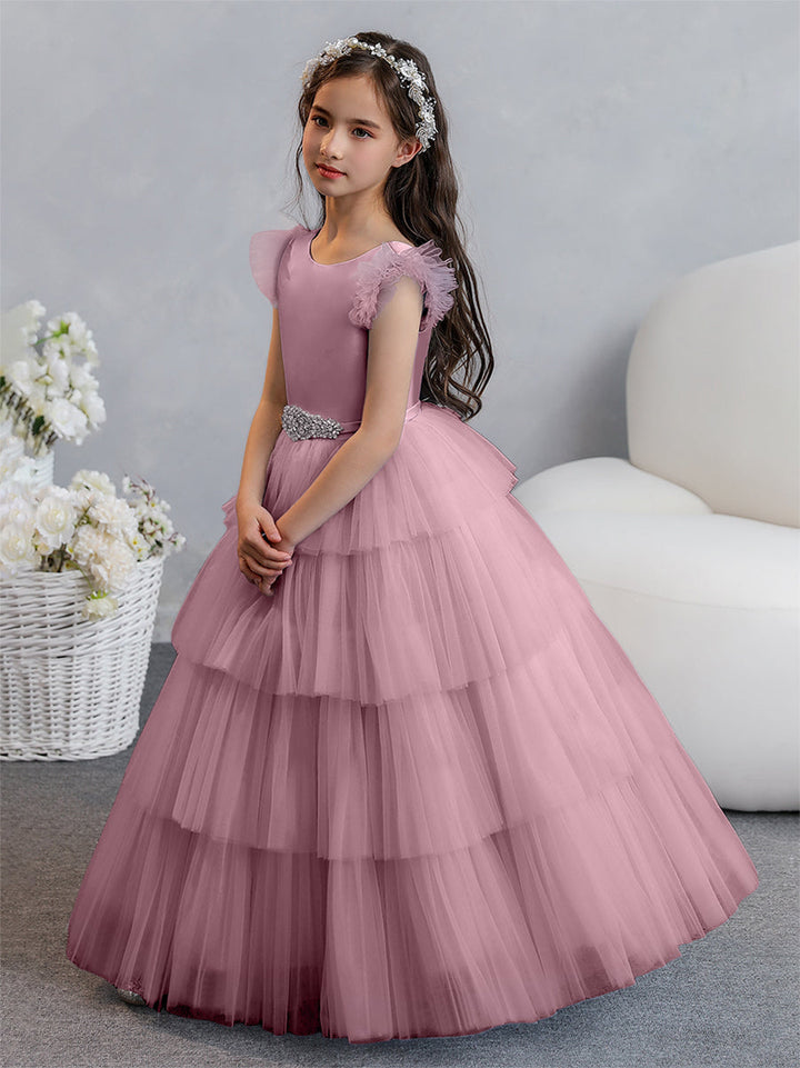 Tulle Ball Gown/Princess Flower Girl Dresses With Tiered Pleats &amp; Rhinestones