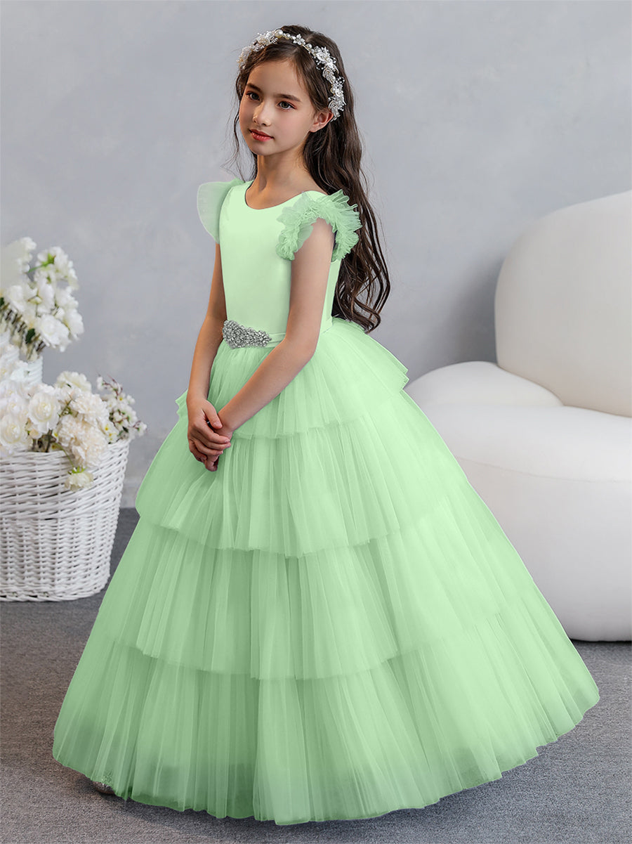 Tulle Ball Gown/Princess Flower Girl Dresses With Tiered Pleats &amp; Rhinestones