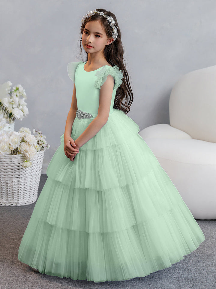 Tulle Ball Gown/Princess Flower Girl Dresses With Tiered Pleats &amp; Rhinestones