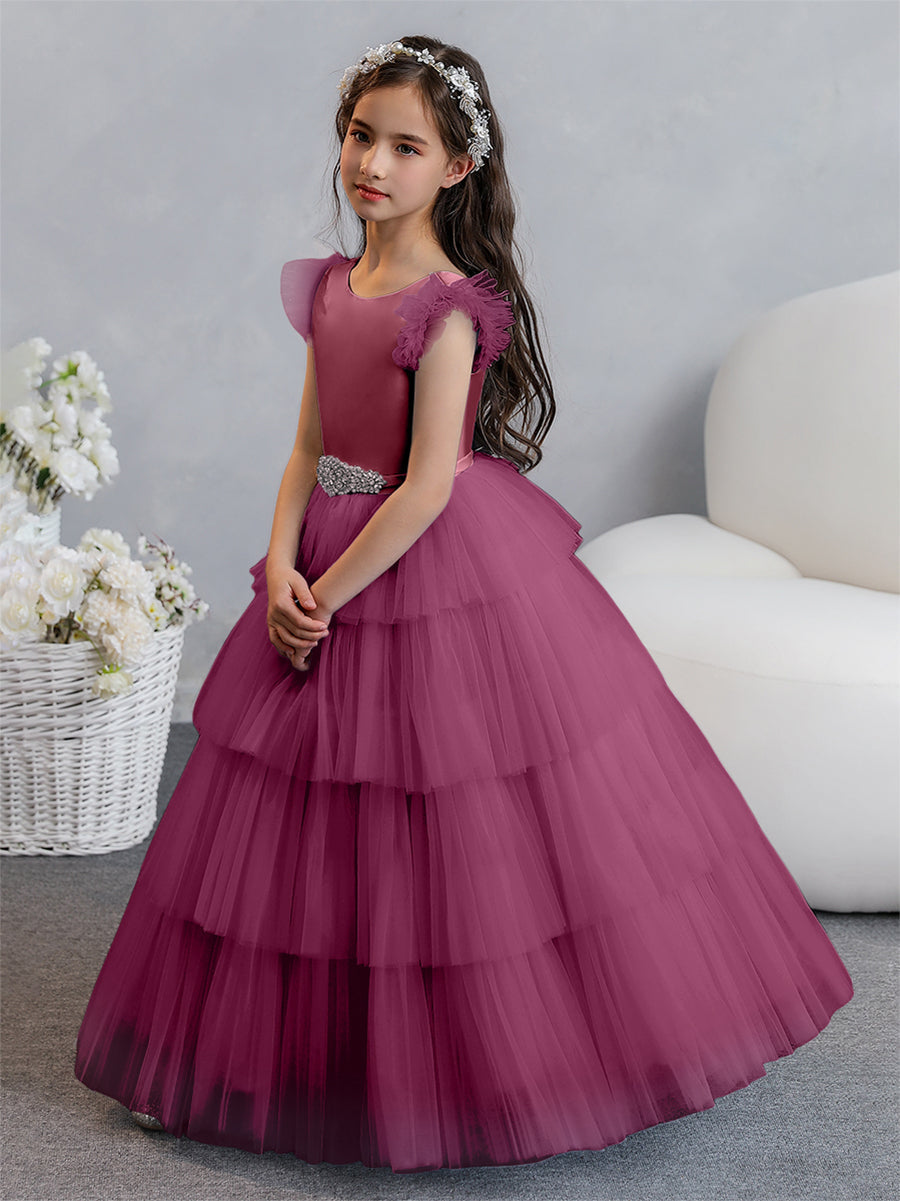 Tulle Ball Gown/Princess Flower Girl Dresses With Tiered Pleats &amp; Rhinestones