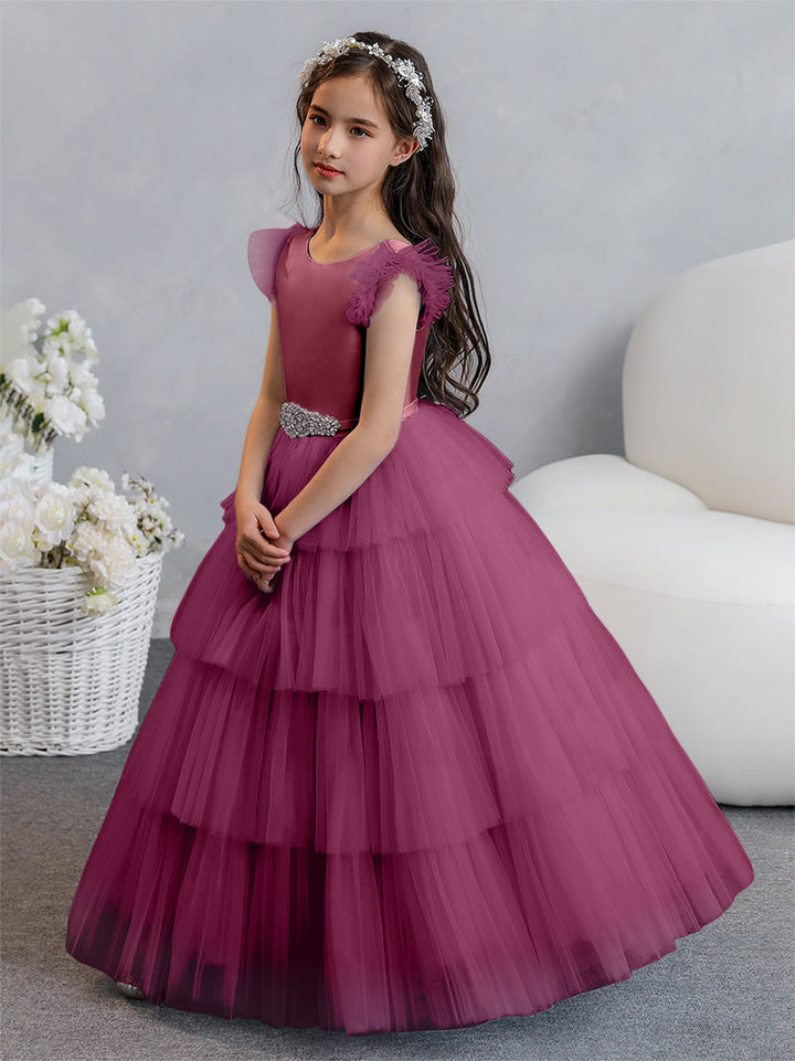 Tulle Ball Gown/Princess Flower Girl Dresses With Tiered Pleats &amp; Rhinestones