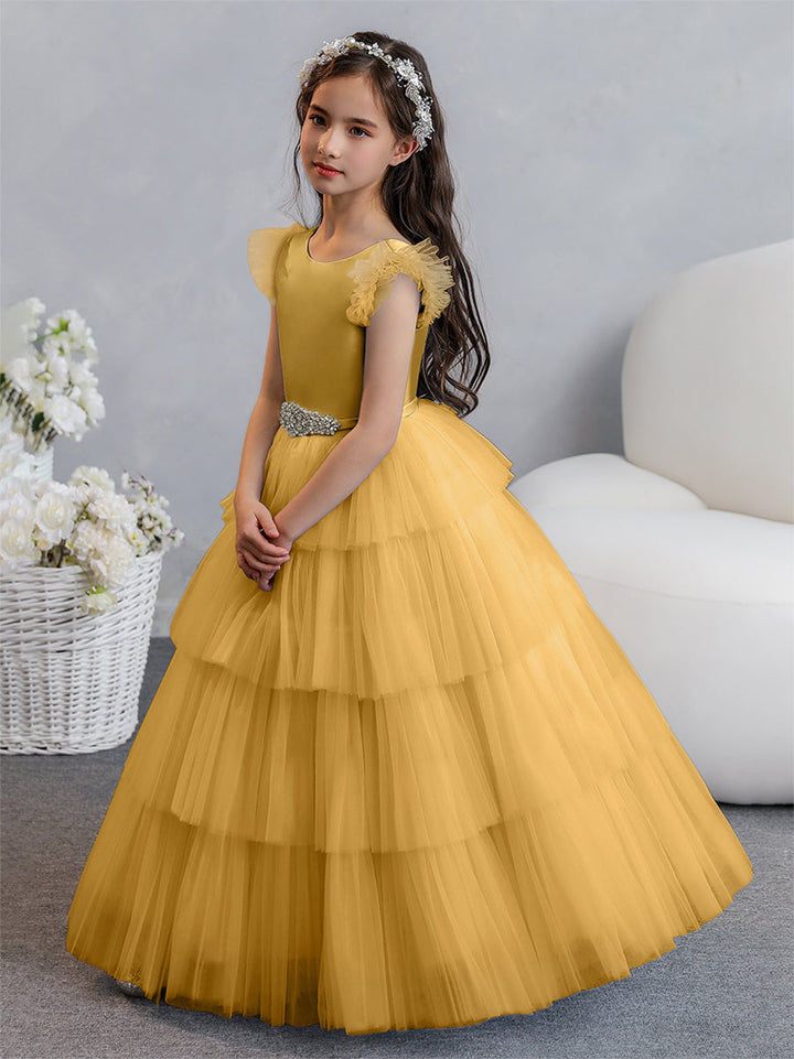 Tulle Ball Gown/Princess Flower Girl Dresses With Tiered Pleats &amp; Rhinestones