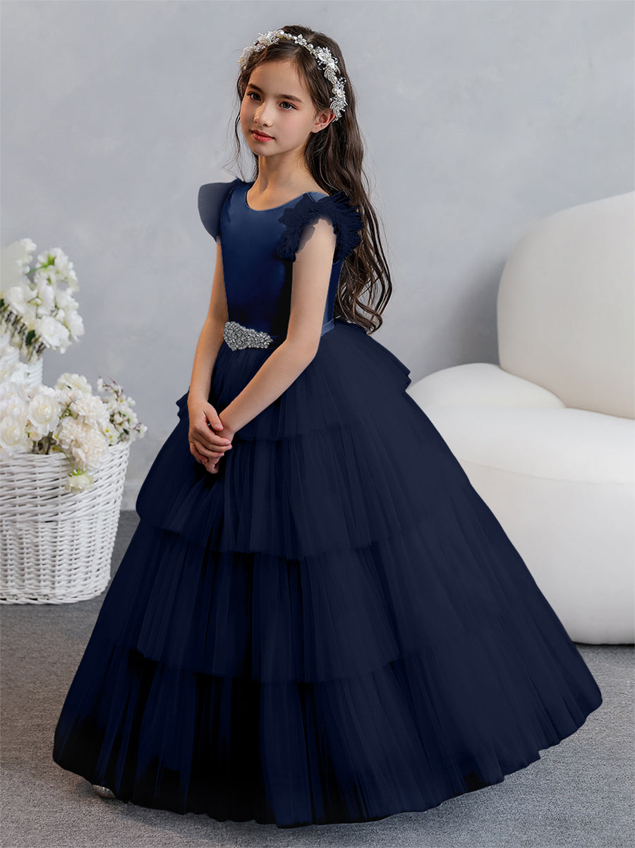 Tulle Ball Gown/Princess Flower Girl Dresses With Tiered Pleats &amp; Rhinestones