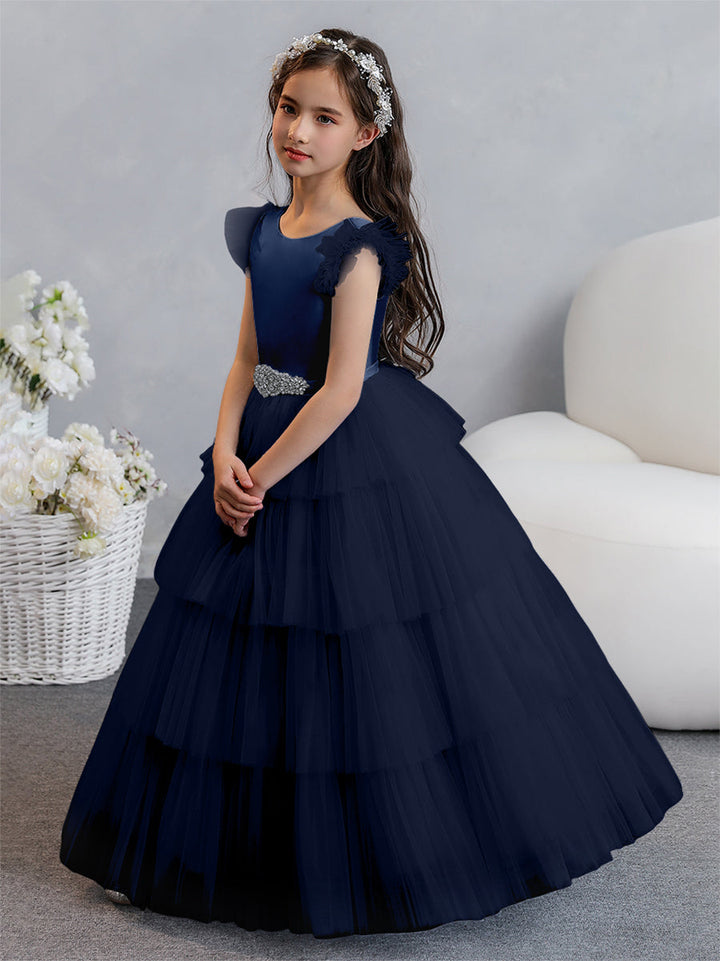 Tulle Ball Gown/Princess Flower Girl Dresses With Tiered Pleats &amp; Rhinestones