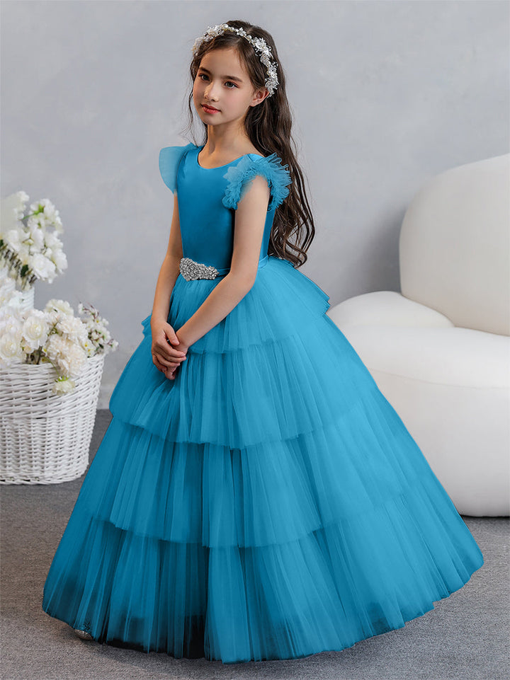 Tulle Ball Gown/Princess Flower Girl Dresses With Tiered Pleats &amp; Rhinestones