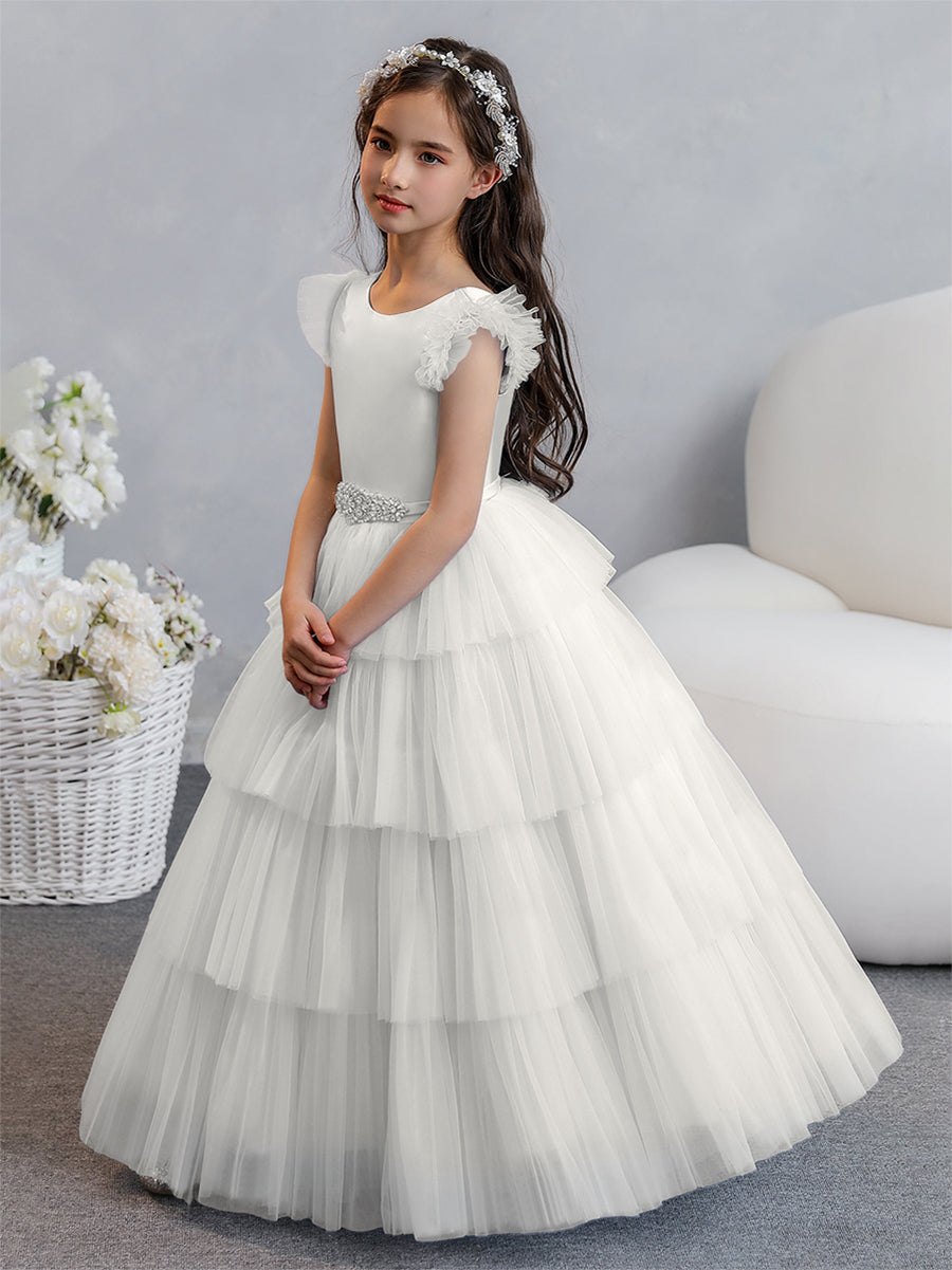 Tulle Ball Gown/Princess Flower Girl Dresses With Tiered Pleats &amp; Rhinestones
