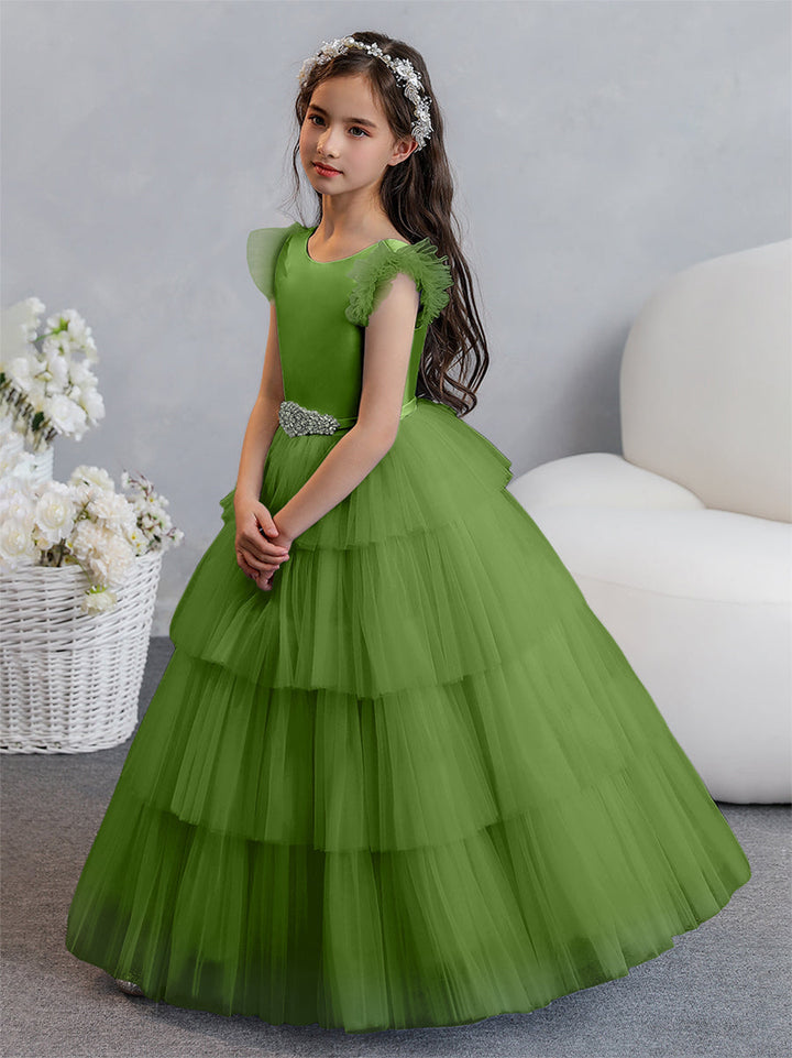 Tulle Ball Gown/Princess Flower Girl Dresses With Tiered Pleats &amp; Rhinestones