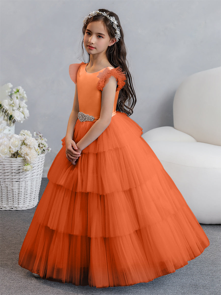 Tulle Ball Gown/Princess Flower Girl Dresses With Tiered Pleats &amp; Rhinestones