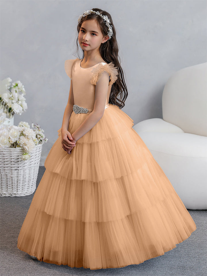 Tulle Ball Gown/Princess Flower Girl Dresses With Tiered Pleats &amp; Rhinestones