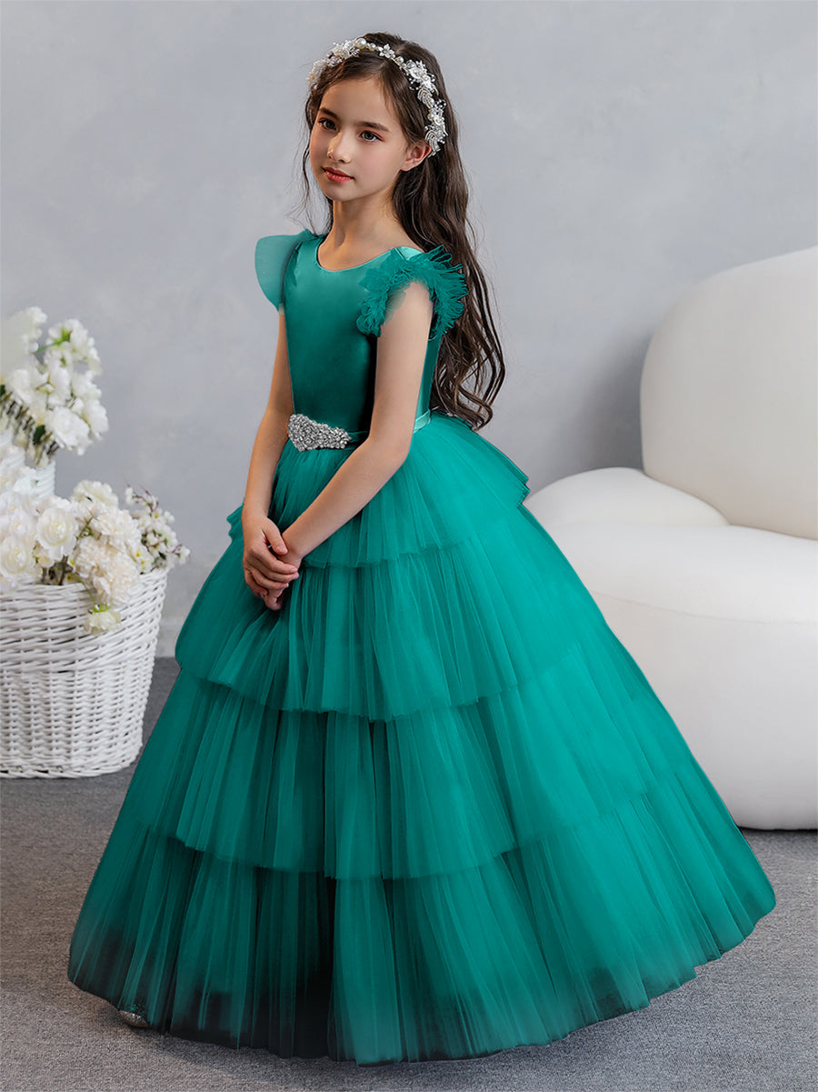Tulle Ball Gown/Princess Flower Girl Dresses With Tiered Pleats &amp; Rhinestones
