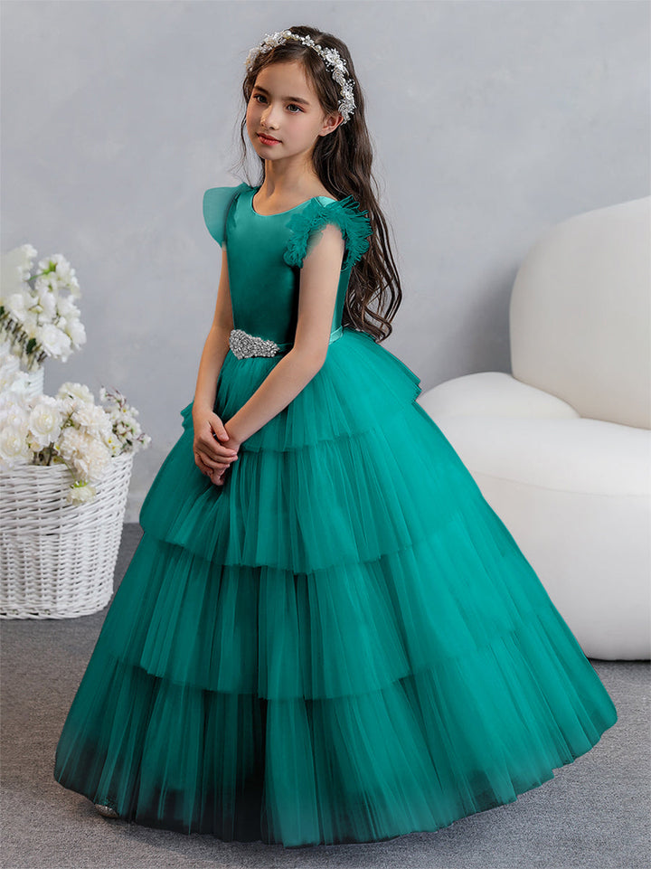 Tulle Ball Gown/Princess Flower Girl Dresses With Tiered Pleats &amp; Rhinestones