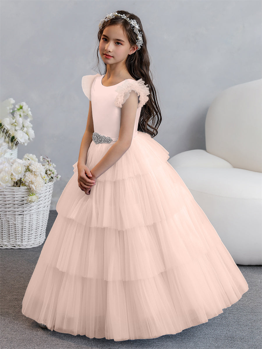 Tulle Ball Gown/Princess Flower Girl Dresses With Tiered Pleats &amp; Rhinestones
