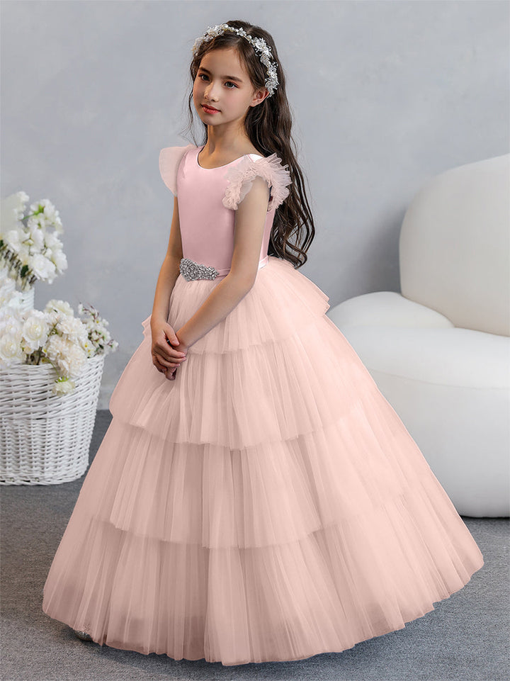 Tulle Ball Gown/Princess Flower Girl Dresses With Tiered Pleats &amp; Rhinestones