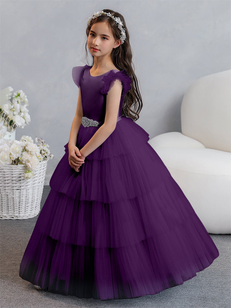 Tulle Ball Gown/Princess Flower Girl Dresses With Tiered Pleats &amp; Rhinestones