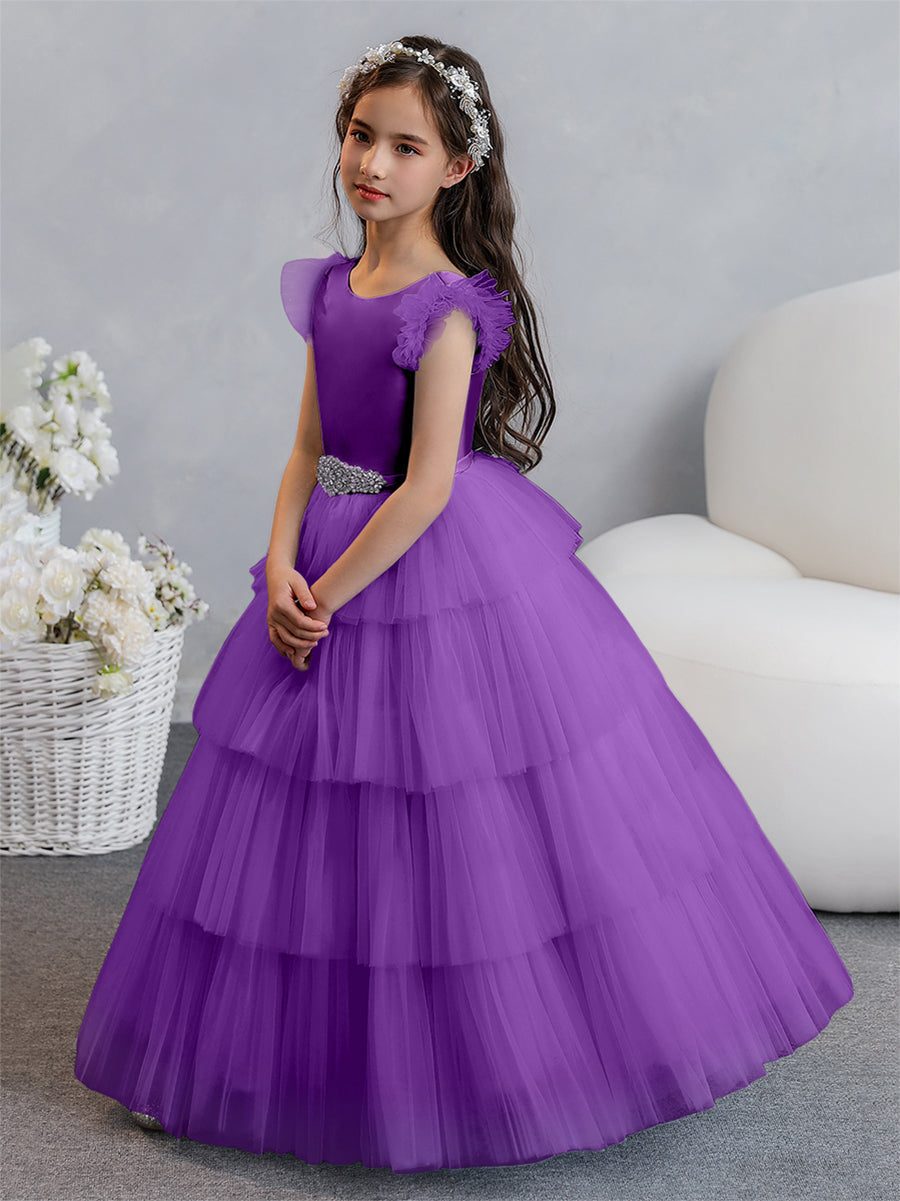 Tulle Ball Gown/Princess Flower Girl Dresses With Tiered Pleats &amp; Rhinestones