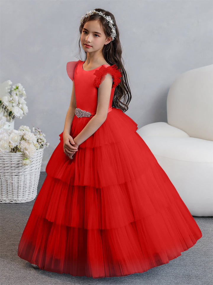 Tulle Ball Gown/Princess Flower Girl Dresses With Tiered Pleats &amp; Rhinestones