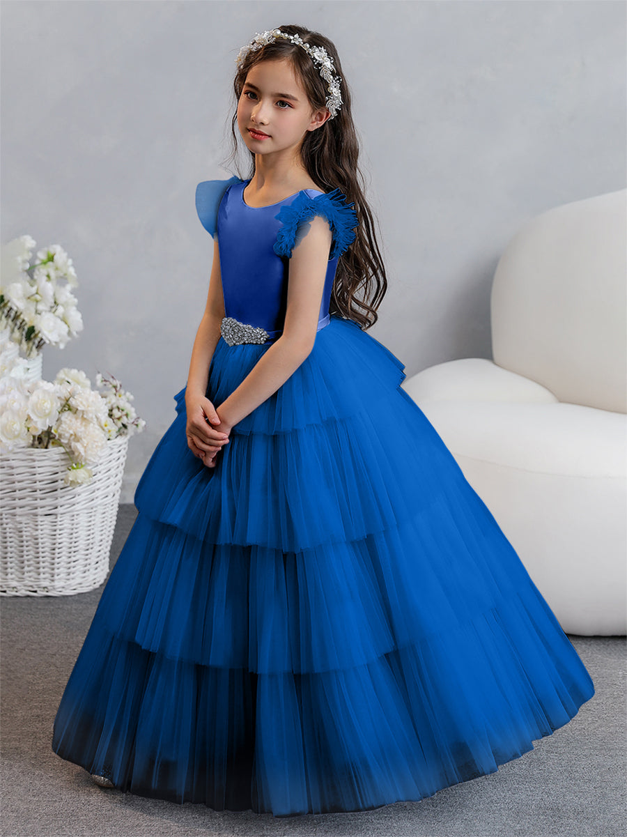 Tulle Ball Gown/Princess Flower Girl Dresses With Tiered Pleats &amp; Rhinestones