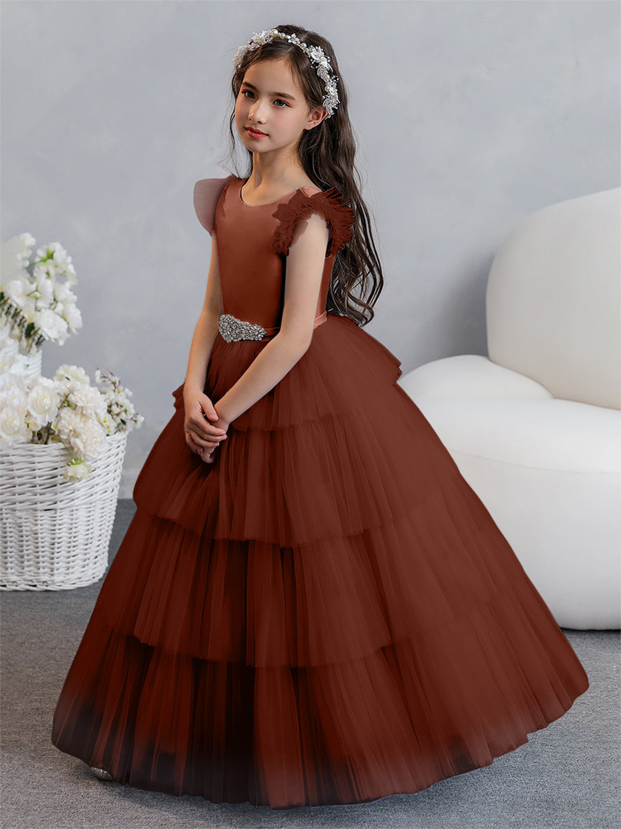 Tulle Ball Gown/Princess Flower Girl Dresses With Tiered Pleats &amp; Rhinestones