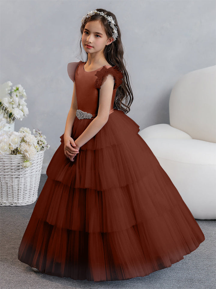 Tulle Ball Gown/Princess Flower Girl Dresses With Tiered Pleats &amp; Rhinestones