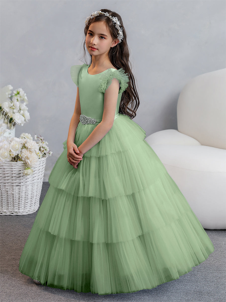 Tulle Ball Gown/Princess Flower Girl Dresses With Tiered Pleats &amp; Rhinestones