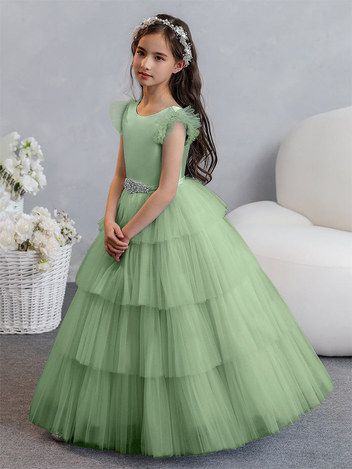 Tulle Ball Gown/Princess Flower Girl Dresses With Tiered Pleats &amp; Rhinestones